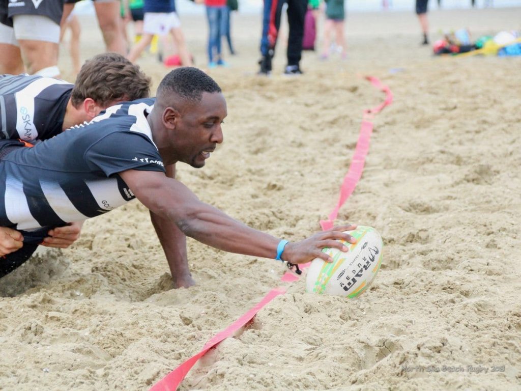 Try with Beach Rugby ball size 4 at North Sea Beach Rugby in The Hague Beach Stadium in The Netherlands