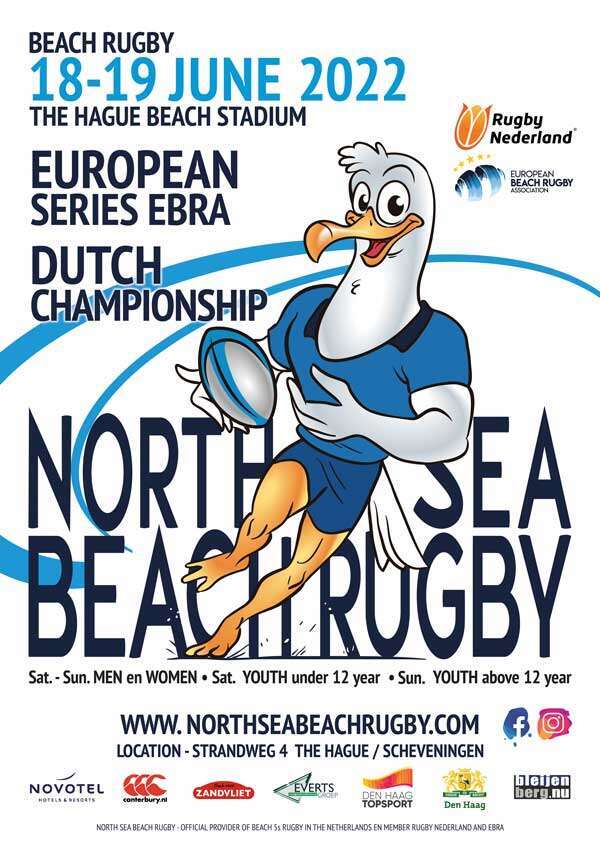 Poster Dutch Championship and European Series Beach Rugby in The Hague Beach Stadium. Official recognized by Rugby Netherlands and European Beach Rugby Association.