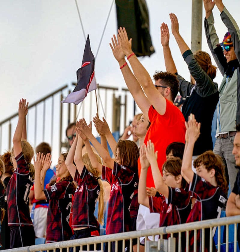 Group of enthusiastic rugby fans Group of enthusiastic rugby fans cheering during an outdoor sports event in The Hague