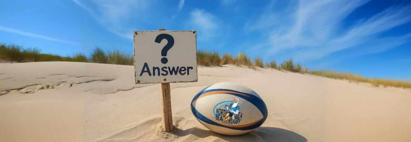 Beach Scene with Rugby Ball and Question Mark Sign