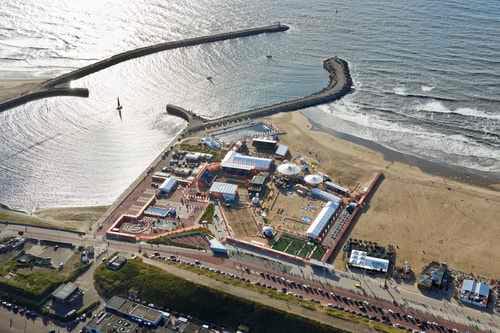 BEACH STADIUM DEN HAAG THE HAGUE AERIAL SCHEVENINGEN Aerial View Beach Stadium The Hague at the beach of Scheveningen