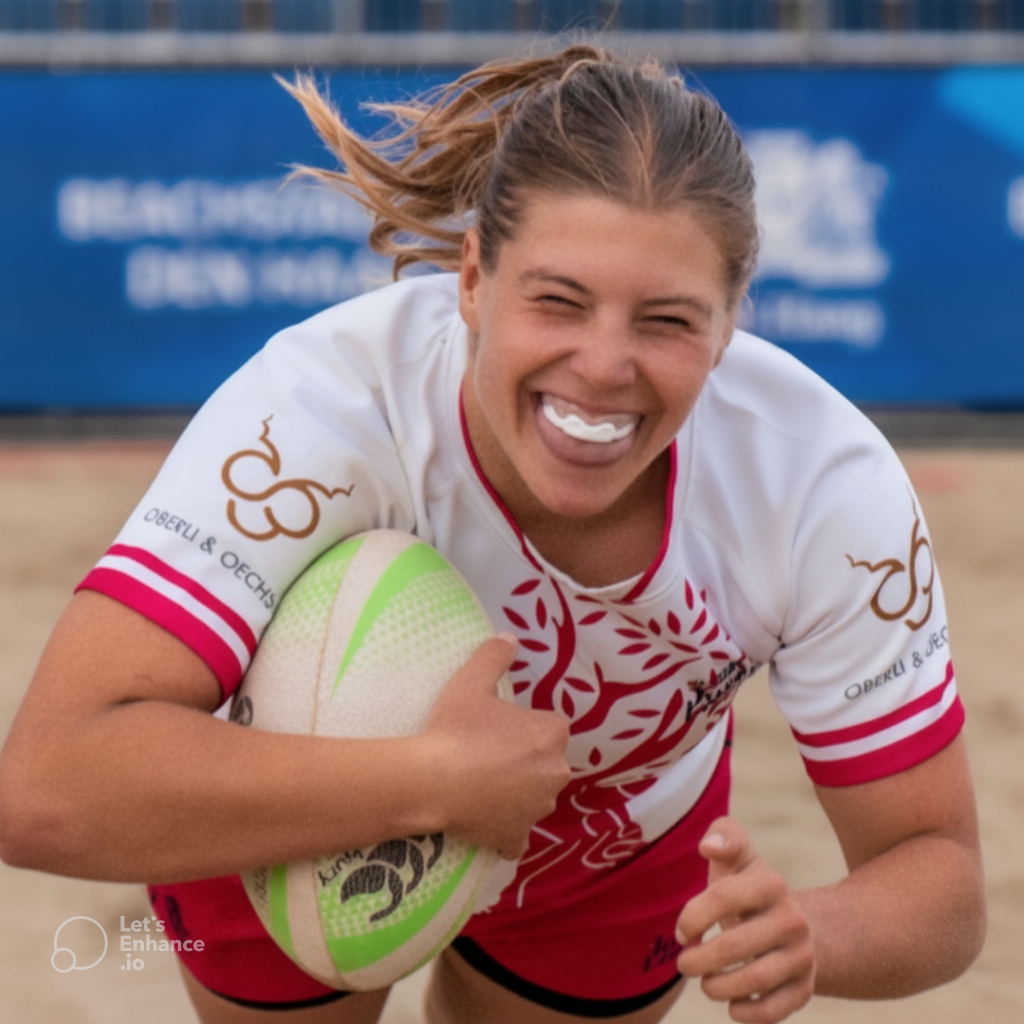 Female beach rugby player holding ball, smiling at Scheveningen